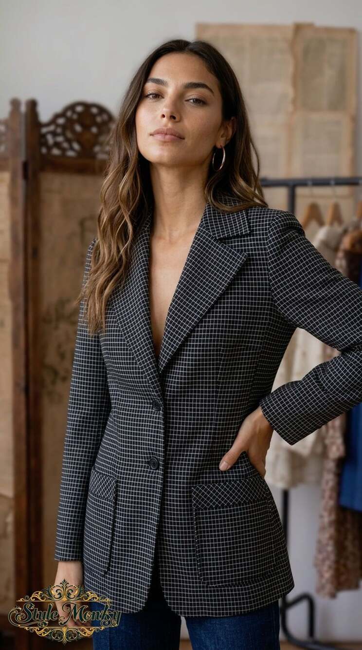 Bodin Knits Vintage Check Pattern Blazer Jacket with Front Patch Pockets